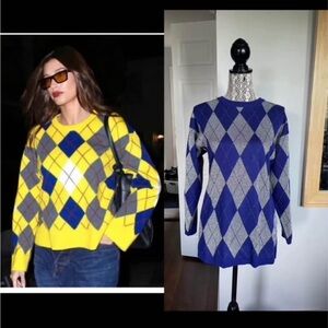 Vintage Argyll Grandpacore Sweater. Metallic Silver Royal Blue. Medium.